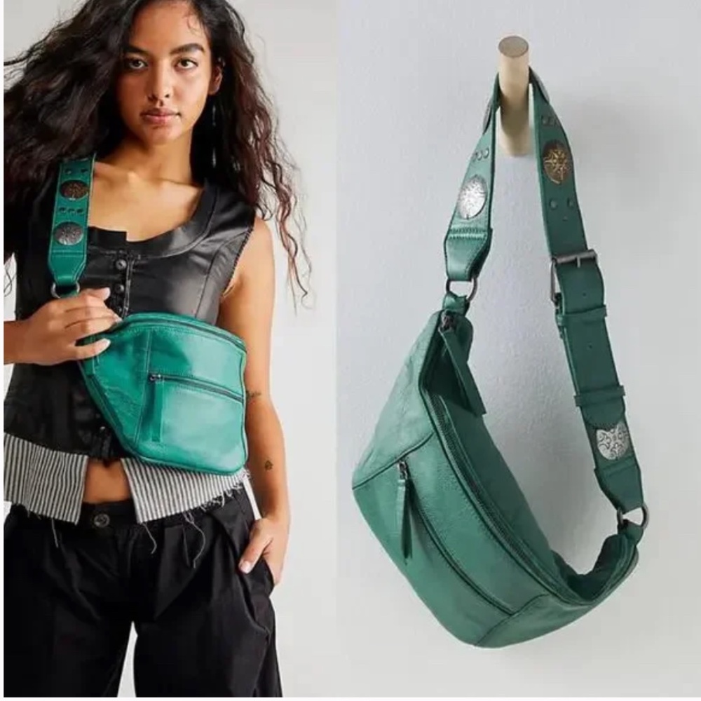 Free People Wilder Embellished Western Concho Sling Bag Emerald Green